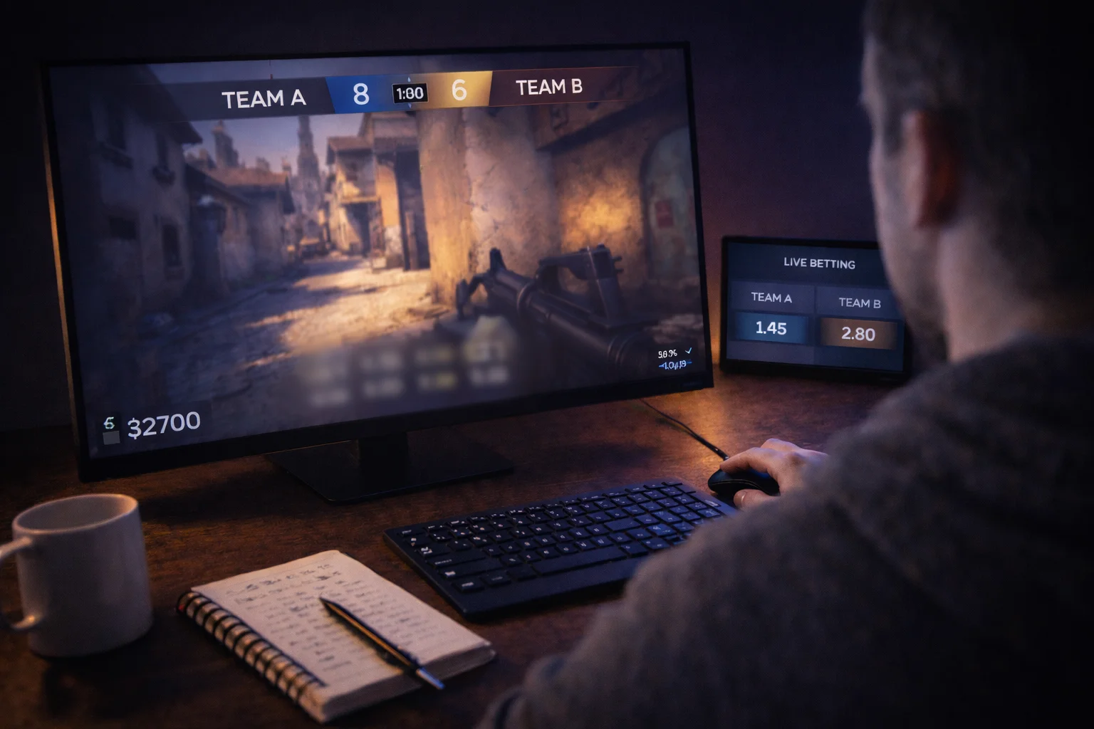 CS:GO Live-Wetten während eines laufenden Matches mit Livestream auf dem Bildschirm