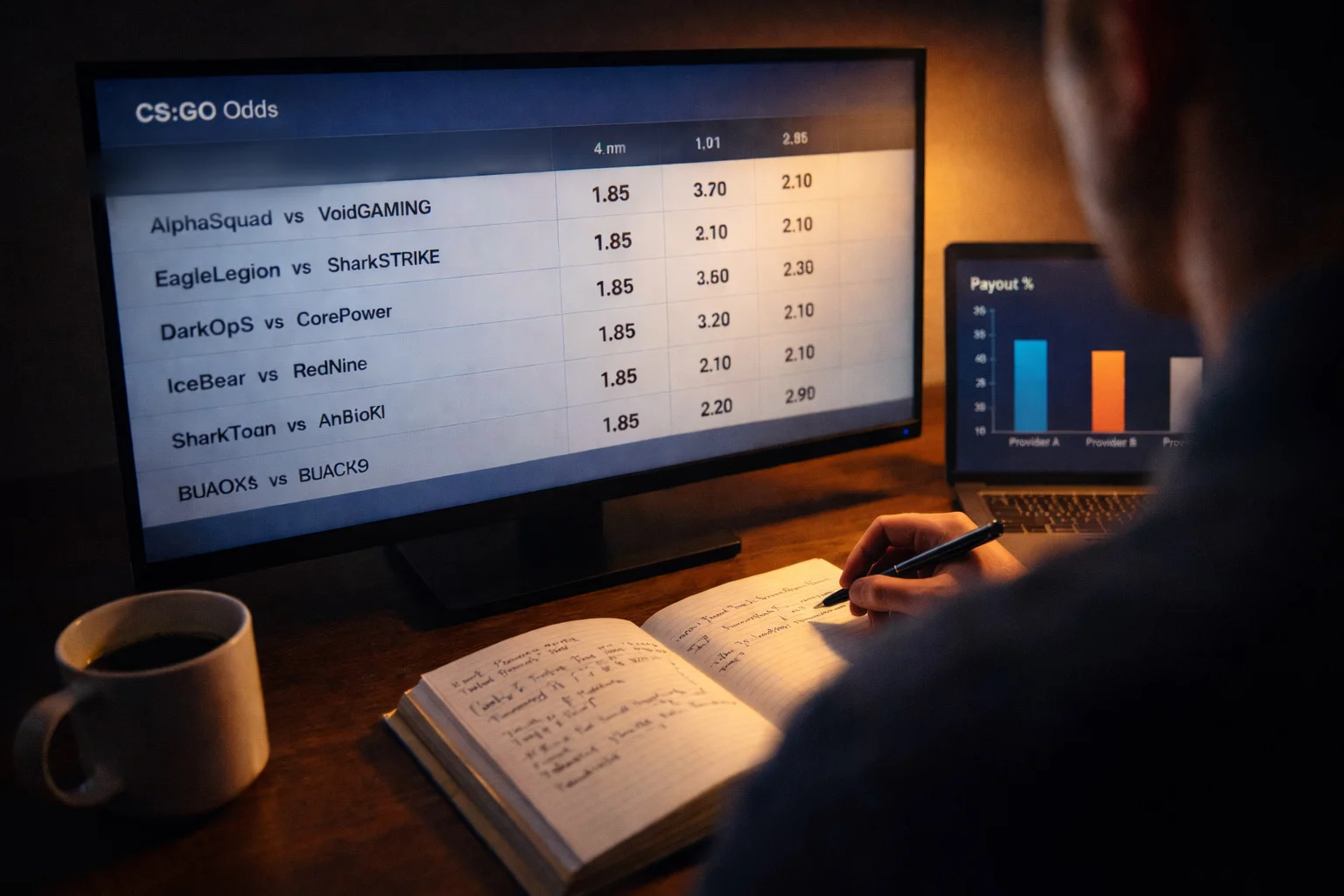 Quotenvergleich für CS:GO Wetten auf einem Laptop mit Notizen und Statistiken