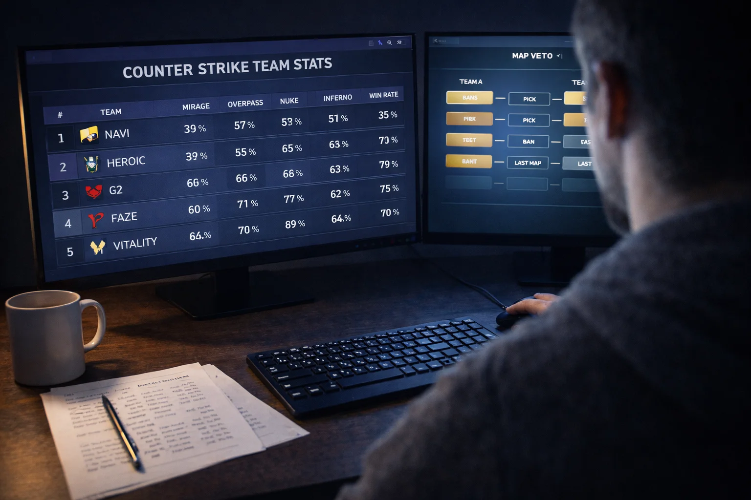 Spieler analysiert CS:GO Teamstatistiken und Map-Pools auf HLTV am Monitor